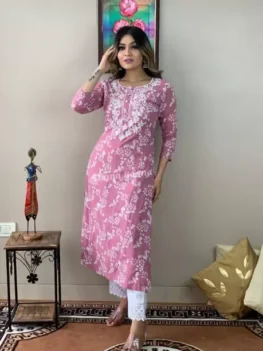 Women Cotton Rayon Kurta Pant Set Pink Occasion Casual.