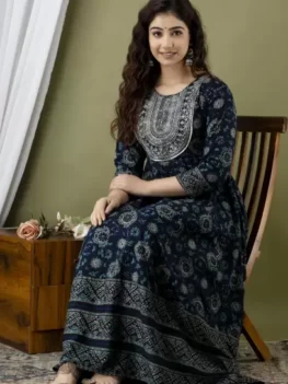 Women Embroidered Cotton Rayon Anarkali Kurta (Dark Blue).