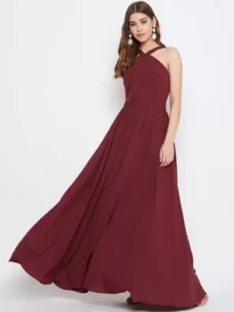 Women Maxi Maroon Dress V Shaped Neck-Line Finished.