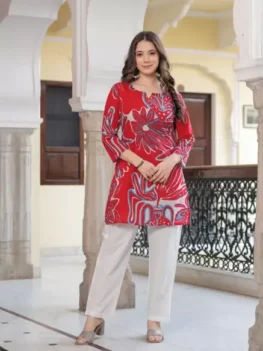 Women Printed Viscose Rayon A-line Kurta (Red).