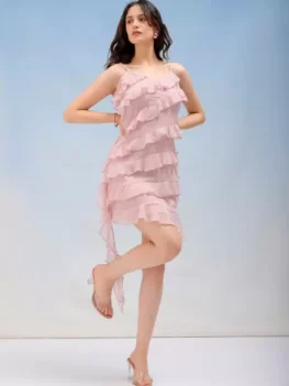 Women Ruffled Pink Dress Above Knee Mid-Thigh Length.