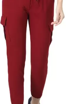 Women Slim Fit Maroon Polyester Trousers.