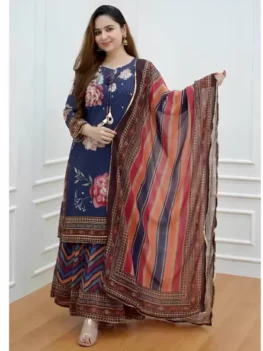 Women Viscose Rayon Kurta Sharara Dupatta Set.