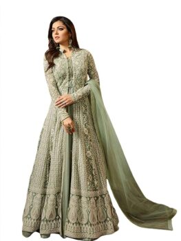 Miss Ethnik Women's Light Green Embroidered Flared Gown