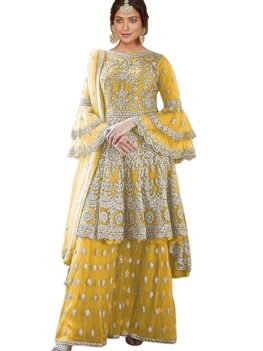Miss Ethnik Women's Beige Net Semi Stitched Top With Stitched Net Bottom and Net Dupatta Embroidered Flared Top Dress Material (Kurta Palazzo Set)