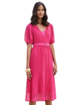 Salt Attire Women's Solid V-Neck Fit and Flare Midi Dress with Elbow Length Sleeves – Georgette & Chiffon Polyester Fabric, Additional Camisole Included, Elegant Workwear Dress, Made in India