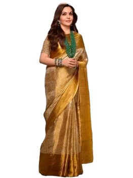 Kanjivaram Soft Saree Weaving Full Broket Traditional Banarasi Sarees For Women's Golden Double Kanchi Border With Blouse Piece for Festival, Wedding, Party, Anniversary Wear