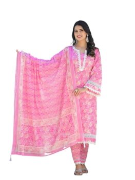 PINK GALAXY Women Kurta Sets With Dupatta Cotton Lace Work Straight Pink Kurta with Pant Dupatta Set | Lace Work Kurta Trouser Set
