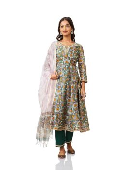 Myx Women's Silk Chanderi Handblock Printed Authentic Kurta Set with Dupatta (Anarkali | Sanganeri Print)