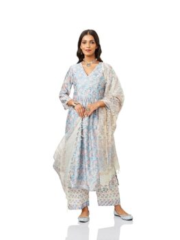 Myx Women's Silk Chanderi Handblock Printed Authentic Kurta Set with Dupatta (A-Line | Sanganeri Print)