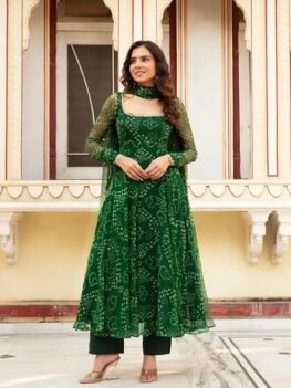 Women's Stylish Georgette Gowns - Printed Maxi Length Gown, Round Neck Full Sleeve - Green - Perfect for Festival, Party & Wedding