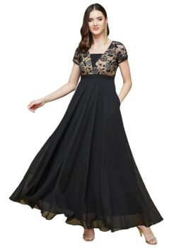 Life with Pockets Women's Square Neck Short Sleeves Self Design Lace Overlaid Georgette Maxi Dress