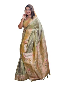 women's Soft Banarasi Silk Saree with Minakari Weaving & Tassels(BN5_Mahendi)