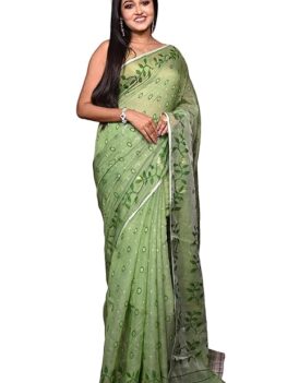 Bengal looms India Leaf and Floral Motif Nakshi Work Soft Jamdani Saree With Blouse Piece