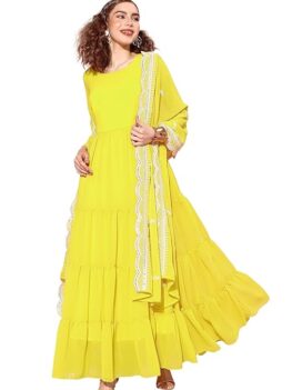 LYMI LABEL Gown for Women - Georgette Flared Solid Maxi Gown with White Thread Embroidered Dupatta for Ethnic Wear