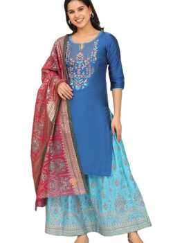 Aurelia Women's Blue Zari Embroidered Straight Kurta and Printed Skirt and Dupatta Set