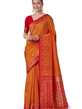 Women's Luxurious Banarasi Soft Silk Saree with Zari Woven Rich Brocade Design comes with Unstitched blouse Piece