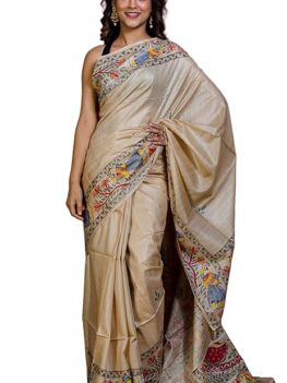 Bengal looms India Hand Paint Madhubani on Soft Tussar Silk Saree for Women