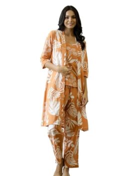 SAY Women's Cotton Printed Night Suit Set of Top & Pyjama (Beige_Small)
