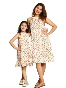 Critter kids Mom-Daughter Twinning Combo Set (Mom XS-5XL, Daughter 1-14 Years) - White Printed Tiered Sleeveless Cotton Dress, Matching Family Ethnic Outfits