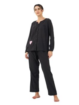 SAY Womens Cotton Night Dress Set Shirt and Pyjama Lounge Wear Night Dress (Brown, Large)