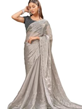 ORHANS Women's Satin Fix Diamond Work Saree with Solid Printed Lightweight and Art Silk Matching Unstitched Blouse Piece |Saree for College Party