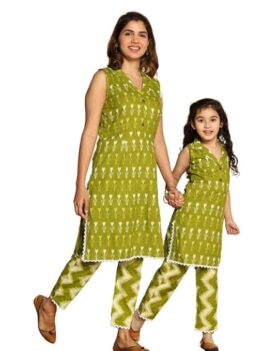 Critter kids Mom-Daughter Twinning Set (Mom XS-5XL, Daughter 1-14 Years) - Green Printed Sleeveless Cotton Dress with Matching Family Ethnic Outfits,