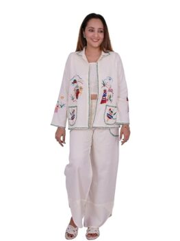 Kaajal by Vidhi Women's Embroidered Off-White 3pc: Crop Top, Jacket and Trouser Set