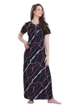 Quira Women's Viscose Polyester Printed Nighty - Half Sleeves, Round Neck, Full Length