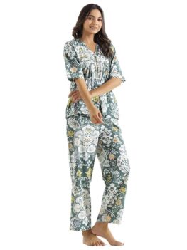 SAY Night Suit for Womens Cotton Top and Pyjama Night Suit Set Lounge Wear Night Dress for Women - Green