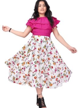 Aarya Girl's Ruffle Neck Printed Midi Length Dresses