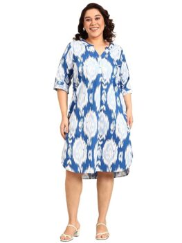 the PINK MOON Women's Plus Size Blue and White Printed Dress (DRS_NIM18_BLUIKAT)