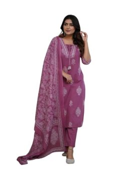 Craftoholic Women's Cotton Printed Straight Kurti with Pant and Dupatta Set