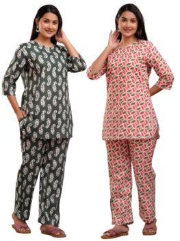 LAKESE Cotton Printed Night Suit for Women's Shirt and Pyjama Sleep wear Set for Womens and Girls Combo Pack