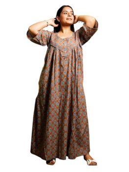 THE SAFFRON SAGA Women's Cotton Long Printed Nighty Dress | Soft & Comfortable Sleepwear with Stylish Design | Breathable & Relaxed Fit Nightwear