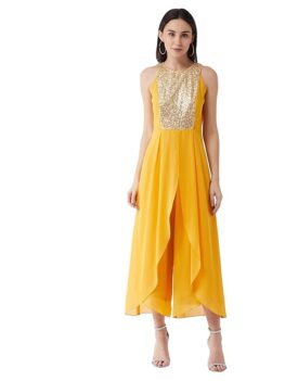 Miss Chase Women's Mustard Halter Neck Sleeveless Solid Embellished Regular Jumpsuit