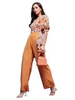 Miss Chase Women's V-Neck Half Sleeve Tropical Wrap-Styled Jumpsuit