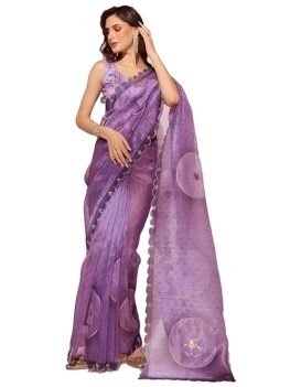 ORHANS Women's Organza Lightweight Lace Work Saree with Mirrar and Matching Unstitched Blouse Piece | Saree for Party | Floral Printed Sadi for Office Party