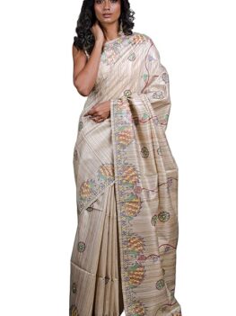 Indian Hand Paint Madhubani Saree Art on Pure Gicha Tussar Silk Saree