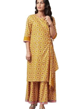 W for Woman Mustard Yellow Angrakha Jumpsuit In Round Neck