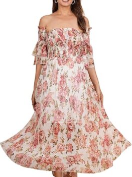 Yash Gallery Women's Floral Printed Off Shoulder 3/4th Sleeve Maxi Dress