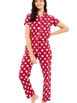 ZEYO Women's Cotton Heart Printed Stylish Night Suit Pajama Set
