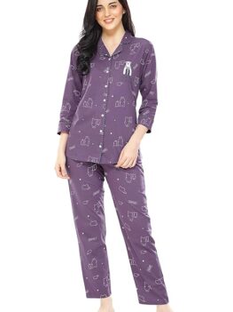 ZEYO Women's Cotton Heart Printed Night Suit Set Of Shirt & Pajama Set 5274